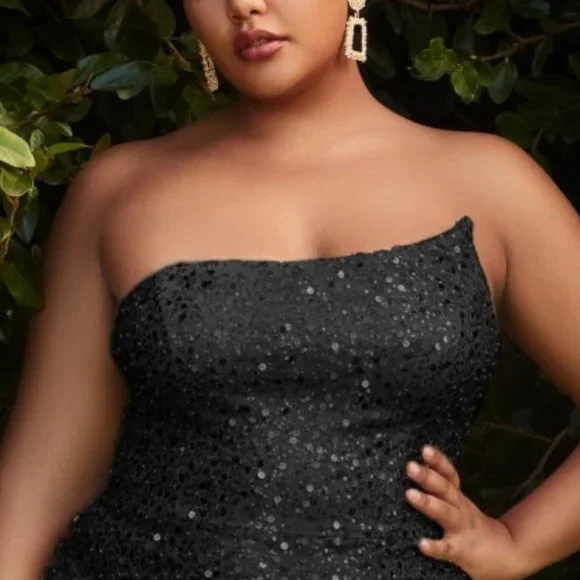 new BLACK Plus Size PROM STRAPLESS A-SYMETRICAL CURVY FIT SEQUIN